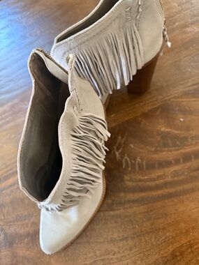 Cynthia Vincent Taupe Fringe Suede Ankle Booties